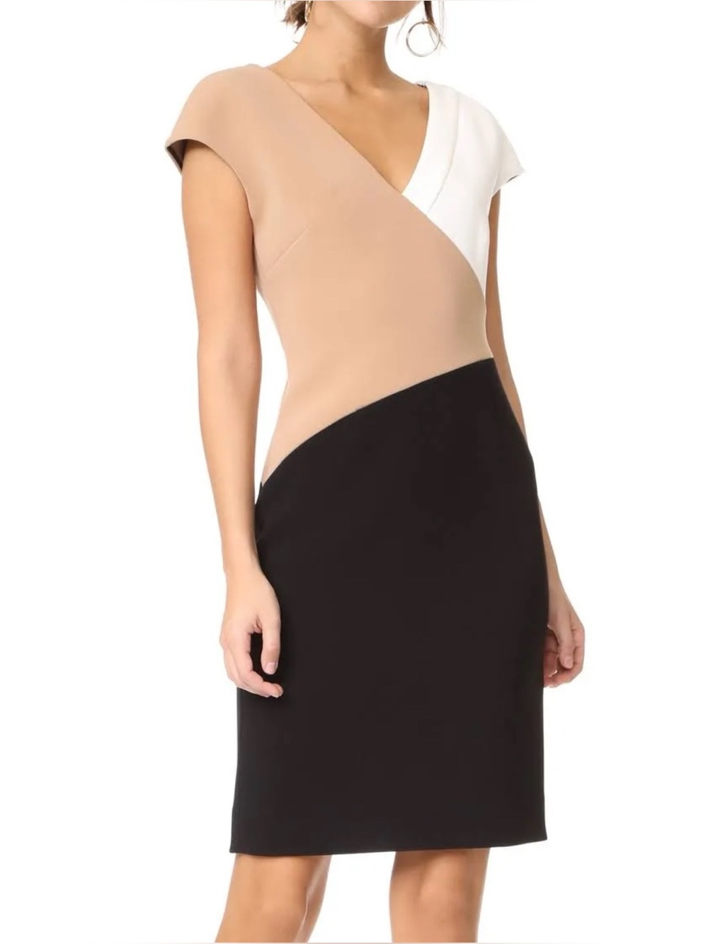 NWOT Diane Von Furstenberg V-Neck Colorblock Tan Black White Sheath Dress Size 8